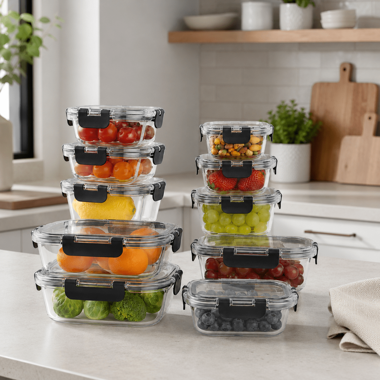 Luma & Home Glass Food Container Set 10 Piece Rectangular Black