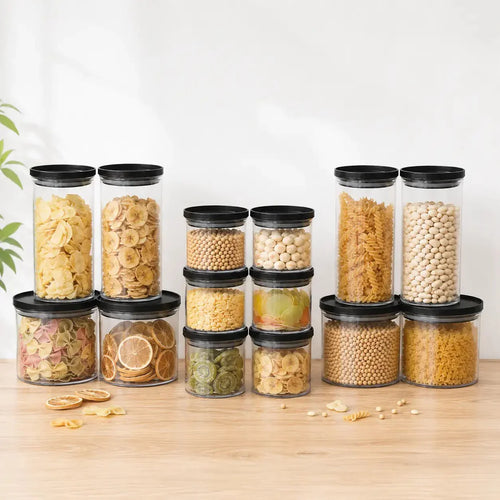 Luma & Home 18-Piece Rectangle Glass Pantry Storage Jar Set Black